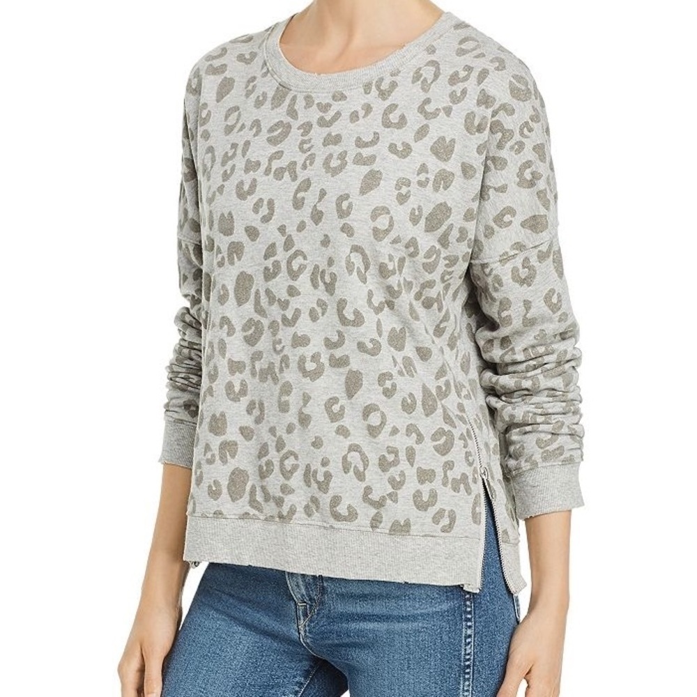 Rails Marlo Flocked Heather Grey Leopard Print Side Zip Pullover Sweatshirt Sz L